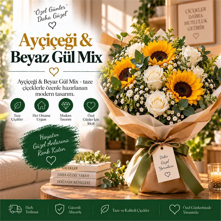 Ayçiçeği & Beyaz Gül Mix