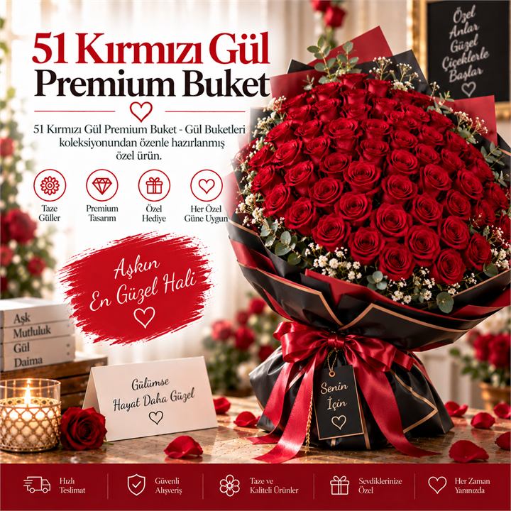 51 Kırmızı Gül Premium Buket